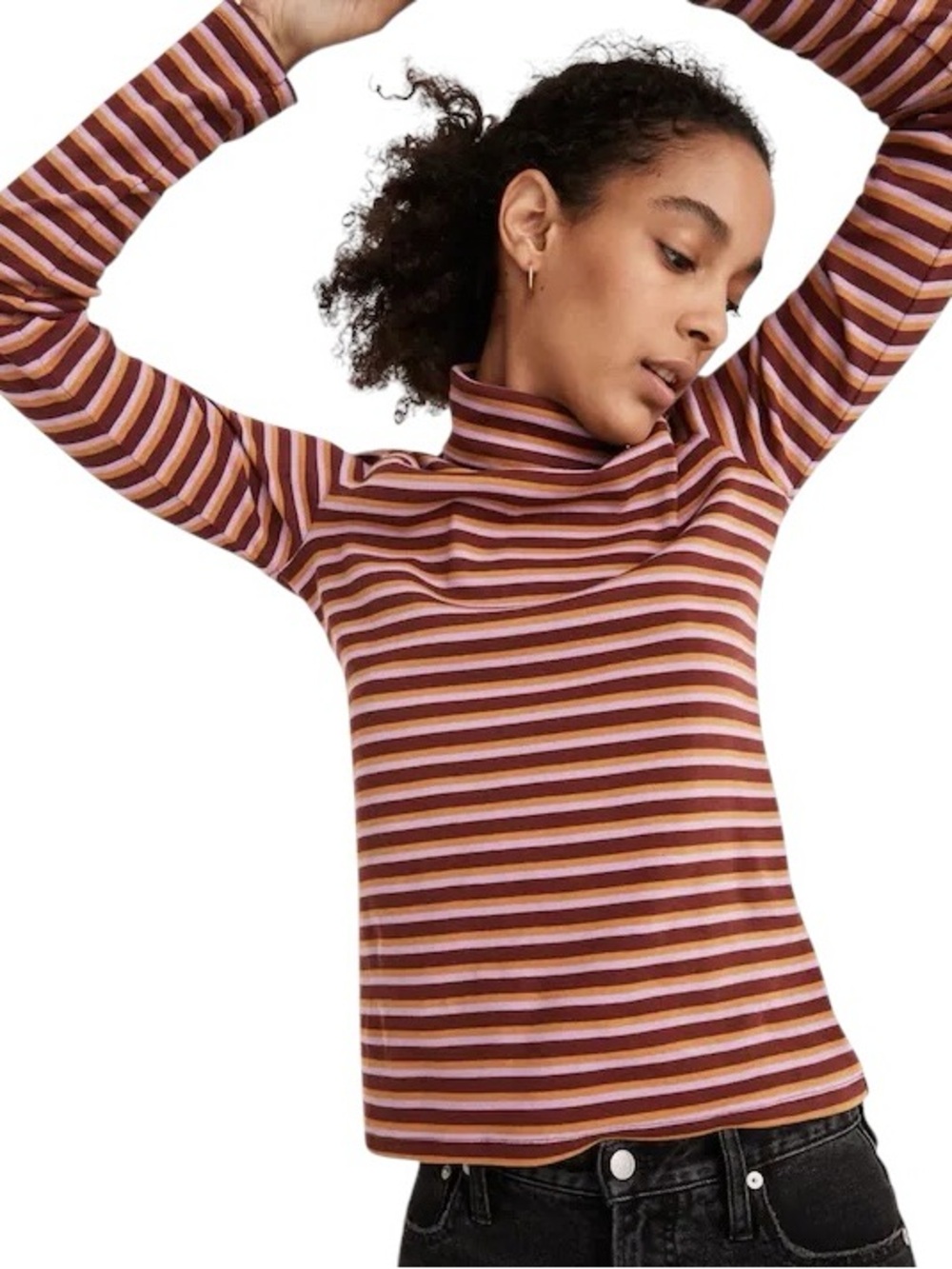 Madewell Burgundy Pink Orange Striped Ribbed Turtleneck Top in Chilton Stripe  S